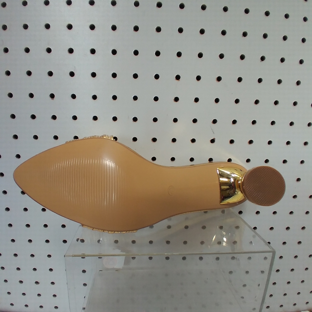 Gold Metallic Leather 3" Mid Heel Strappy Kitten-Heel Pump Peep-toe & Pointy-Toe - Picture 6 of 7